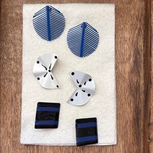 Blue Striped Leaf, Silver Sand Dollar Stud, Black and Blue Square Earring Set